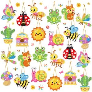 Frienda 24 Pcs Summer Diamond Painting Keychain Kits, 5d DIY Summer Diamond Art Animal Bee Frog Sun Ornaments Beginner Friendly Crafts for Family Decor Seasonal Gifts, small to medium