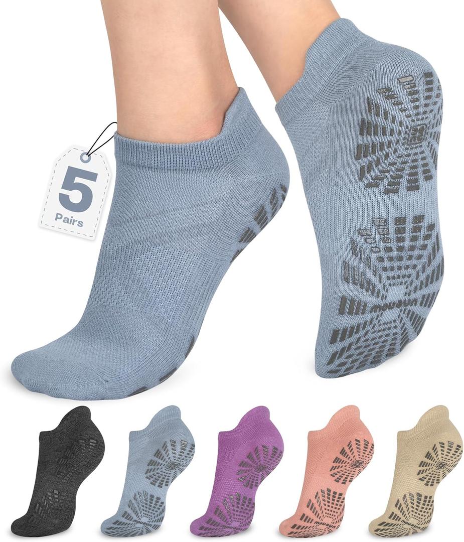 unenow 5 Pairs Pilates Socks for Women Non Slip Socks with Grips for Yoga Hospital Barre Barefoot (One Size, 5 Pairs-dark Grey/Blue/Purple/Pink/Beige)