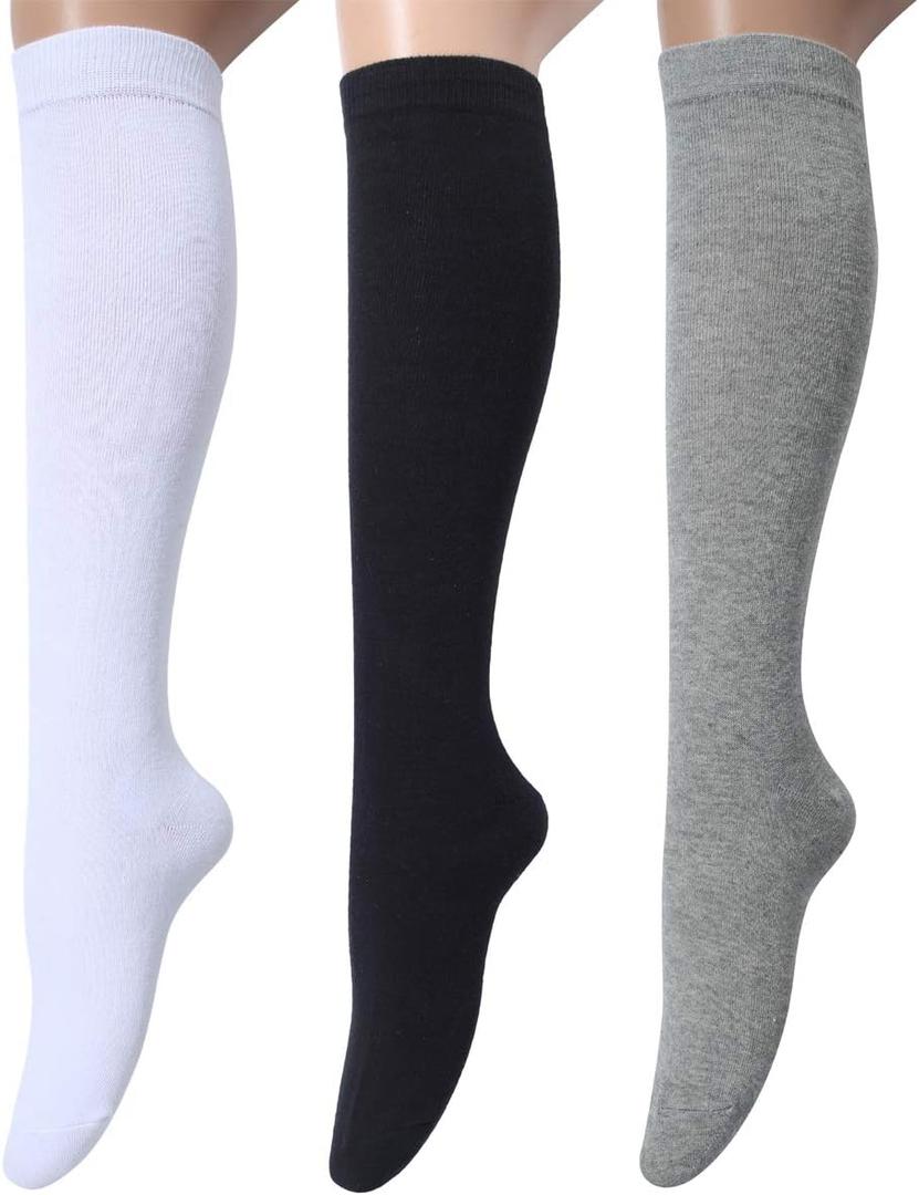 Leotruny 3 Pairs Women's Cotton Opaque Knee High Socks (C06-3 Pairs White Black Gray)