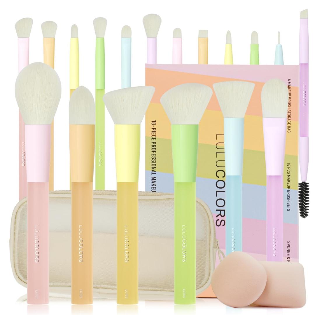 18-Pcs Makeup Brush Set for Beginners - Travel-Friendly with Soft Arthritis-Friendly Handles & Non-Shedding Bristles | Includes Storage Bag, Eyeshadow Brushes & Sponges (Multi-Color)