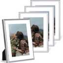 4x6 Picture Frame Set of 4, Matted Silver Simple Modern Brushed Thin Aluminum Metal Photo Frame Fits 3x5 with Mat or 4 x 6 without Mat Vertical and Horizontal for Tabletop and Wall Mounting