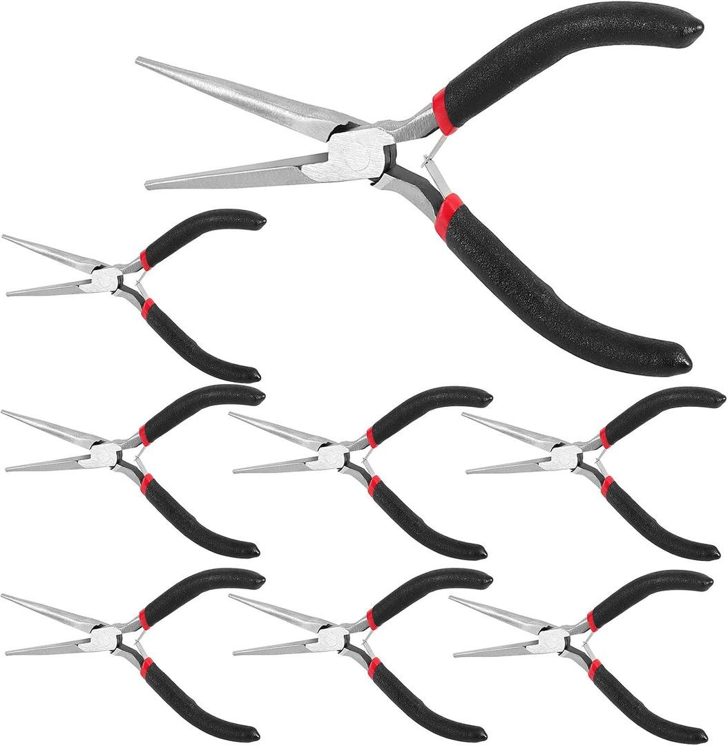 SEUNMUK 8 Pack 6 Inch Long Needle Nose Pliers Set, Precision Long Nose Pliers with Comfort Grip Handles, Extra Long Needle Nose Pliers for Jewelry Making, Bending Wire and Small Object Gripping (Black, Red)