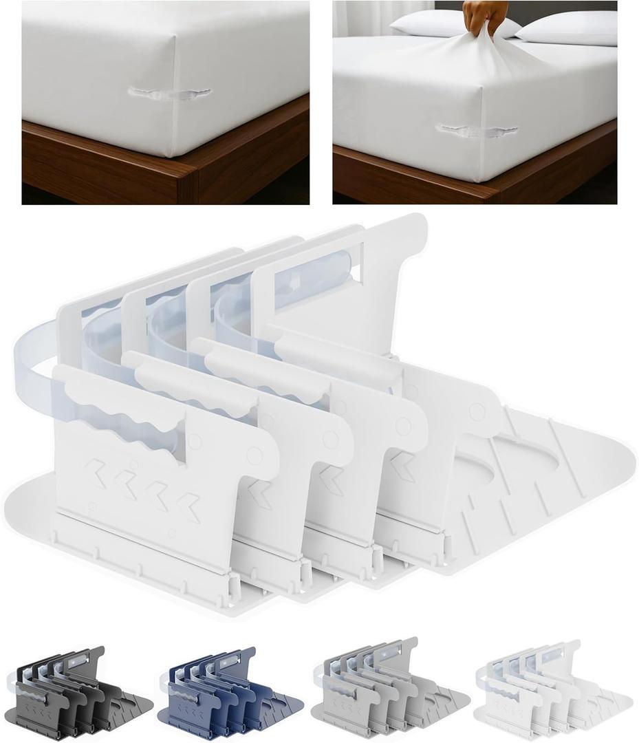 Tug Proof Bed Sheet Holders Set of 4 Keep Sheets Firm & Tight, Fitted Mattress Corners, College Dorm Room Essentials for Girls, Lock Keeper King Queen Bed Bedding Accessories Rv Bedroom Gifts (Light White)