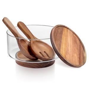 Large Glass Salad Bowls, Salad Bowl Set for Party with Acacia Wood Base and Lid and Salad Serving Utensils, Elegant and Practical Salad Bowls for Kitchen Essentials
