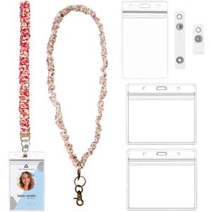 2 Set Scrunchie Lanyard for ID Card Neck Lanyard Set with 4Pcs Acrylic Cards and Scrunchie Keychain Wristlet for Teacher Nurses School Office