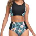 Tempt Me Women Two Piece High Waisted Bikini Set Sporty Swimsuits Bathing Suit with Bottom for Teen Girls (Size X-Large, Black Floral)