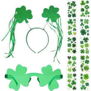 2 x 12Pcs St Patricks Day Headband Costume Accessories Set - Felt Clover Boppers Headband Shamrock Sunglasses Temporary Tattoos Irish Costume Accessories Irish Party Cosplay Favors
