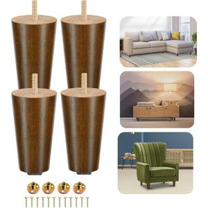 Yes4All 4 Inches Round Wood Furniture Legs Set of 4 - Wooden Replacement Feet for Couch, Bed, Bench - Adjustable Sofa, Ottomans Tapered Leg with Leveler - Brown Rubber Wood Parts for Table, Chair