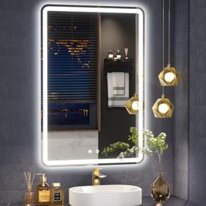 20x28inch LED Bathroom Mirror Rounded Corner Rectangle Frameless, 3 Colors Lighted & Stepless Dimmable Vanity-Mirror-with-Lights, Anti-Fog, Horizontal/Vertical Hanging Wall Mirror