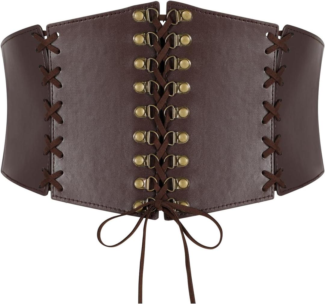 LEACOOLKEY Women's Wide Corset Belt - Vintage Elastic Waist Lace-up Tied Waspie for Dresses and Halloween Costume (Fit Waist Size 27"-30", Coffee)