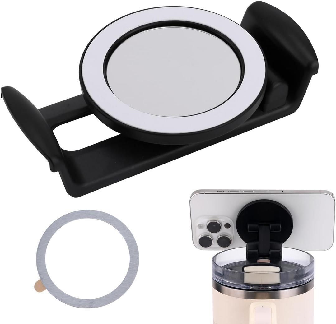 BOXOB Phone Holder for Stanley Cup 40oz Quencher H1.0 H2.0 Lids, Hands Free Magnetic Foldable Phone Stand Tumbler Cell Phone Mount Support for Stanley Cup Accessory MagSafe Phones (black)
