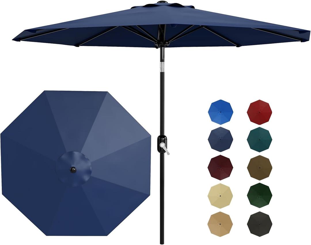 Garvee 9ft Patio Umbrella with Crank Lift & Push Button Tilt, Table Umbrella Outdoor Patio 8 Sturdy Ribs for Yard, Deck, Pool, Navy Blue