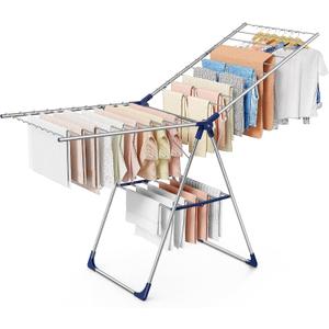 Sakugi Clothes Drying Rack with Height-Adjustable Wings, Metal Foldable Laundry Dryer Stand for Clothing & Bedding, Free-Standing Collapsible for Indoor & Outdoor Use, 69.5" L 22.8" W, Silver Blue, XX-Large