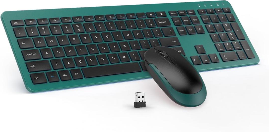 Wireless Keyboard and Mouse Combo - Full Size Slim Thin Wireless Keyboard Mouse with Numeric Keypad 2.4G Stable Connection Adjustable DPI (Dark Green)