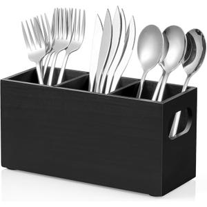 DRASTAR Silverware Holder, Wooden Utensil Caddy, Silverware Organizer Countertop, Cutlery Holder for Party, Fork Spoon Knife OrganizerBlack