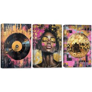 QIXIANG African American Canvas Wall Art Set of 3 Black Woman Pictures Disco Ball Vinyl Record Poster Gold Pink Painting Home Decor (Pink, 16x24inch x 3Pcs)