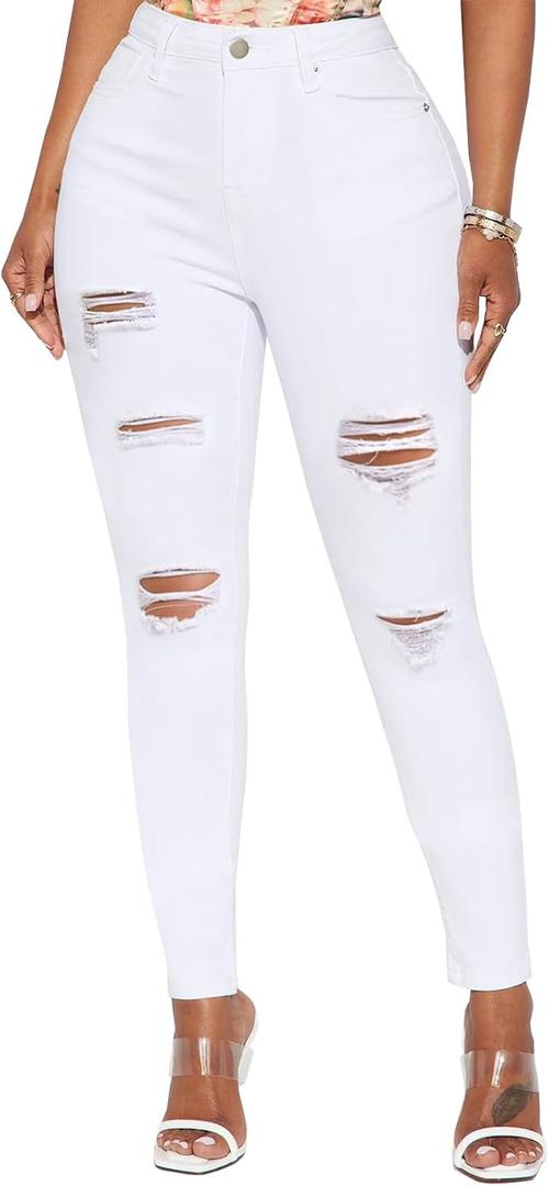 LONGBIDA High Waisted Ripped Skinny Jeans for Women Slim Fit Stretchy Distressed Jeans Y2K Destroyed Ankle Denim Pants (Large, White)