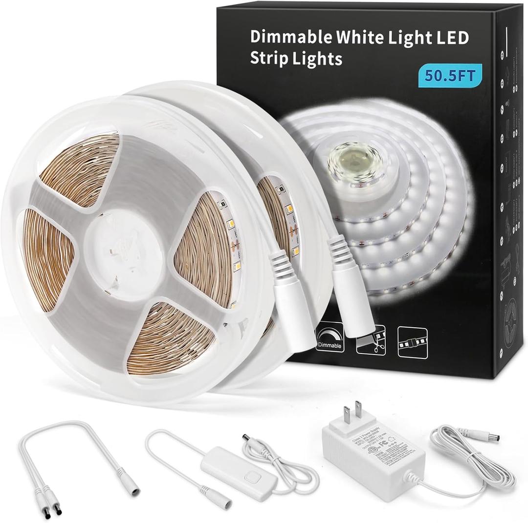 MYPLUS 50FT White LED Strip Lights, Dimmable LED Tape Light 6500K Bright Daylight White, Flexible Under Cabinet Lights with 900 LEDs and UL Listed Safety Power Supply for Room,Kitchen and dcor (Cold White/6000K)