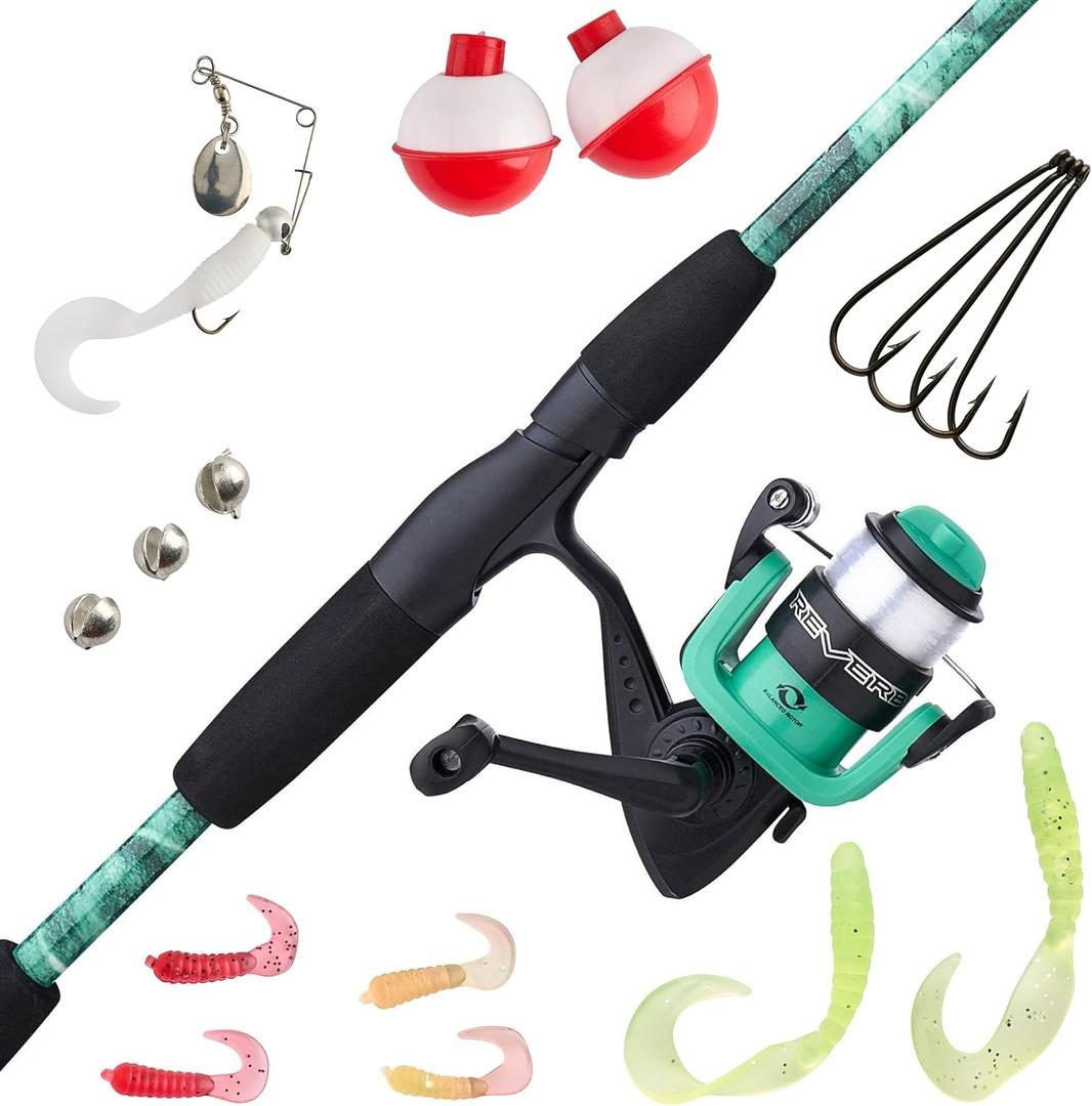 Shakespeare Reverb Mossy Oak Spinning Reel and Fishing Rod Combo Kit, 5'6" 2-Piece Rod, Durable Tubular Glass Rod Blank Construction, EVA Handle