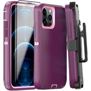 Case for iPhone 12 Pro Max Case 6.7" Belt-Clip Kickstand Holster with 2 Screen Protector,Full Body Rugged Heavy Duty Military Grade Shockproof/Drop Protection Cover (Wine Red Pink+Clip)