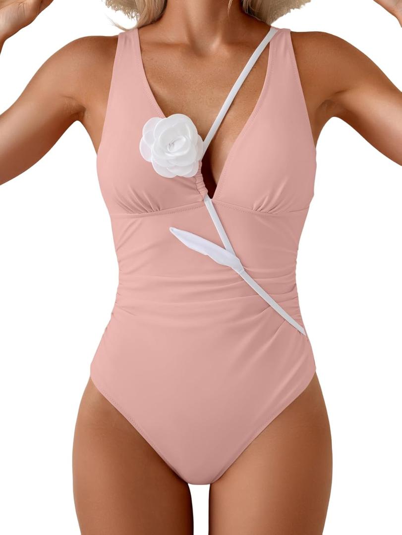 Eomenie Women's One Piece Swimsuit Slimming Tummy Control Bathing Suit Plunging V Neck Color Blocking 2025 Swimwear (Pink, L)