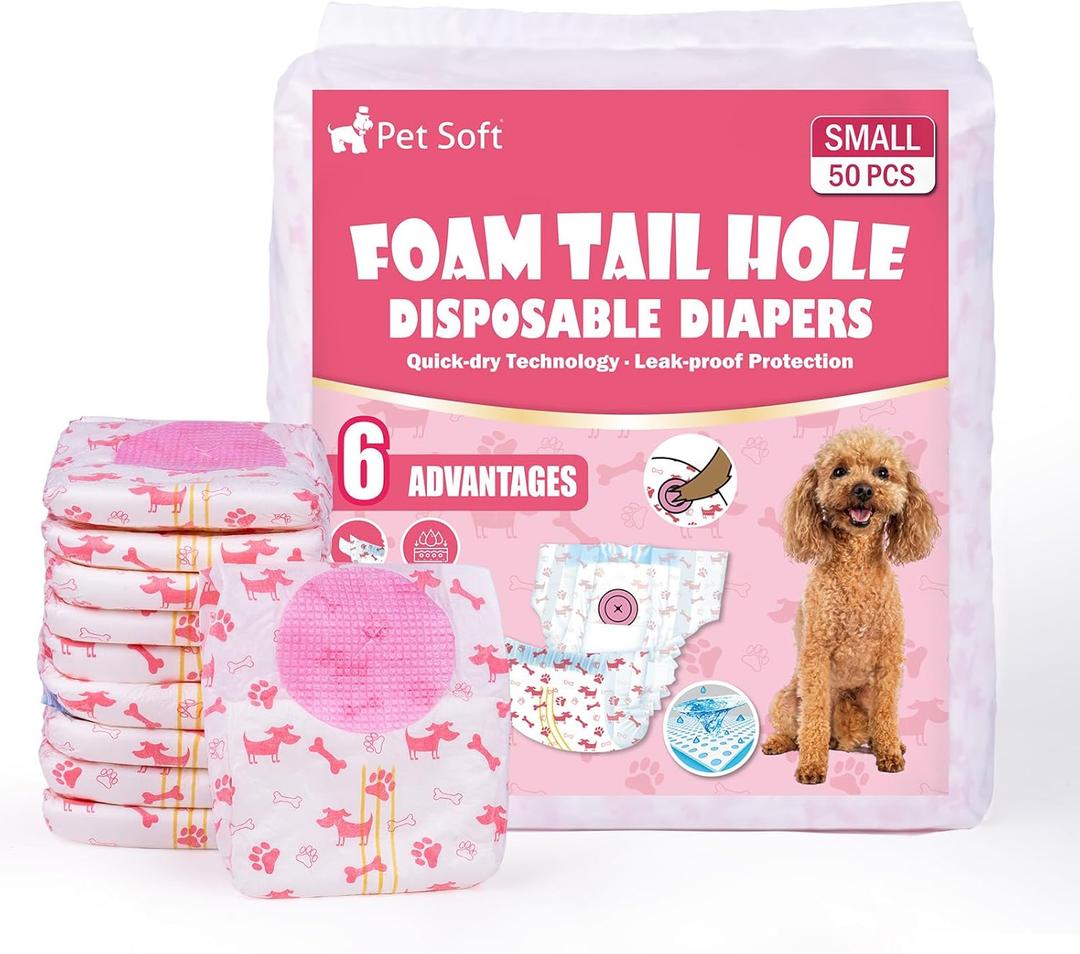 Pet Soft Disposable Dog Diapers - Female Dog Diapers with Adjustable Foam Tail Hole, Ultra Protection Puppy & Cat Diapers Wetness Indicator for Dogs in Heat or Incontinence, 50pcs (Small, Red)