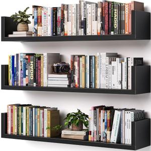 Wall Bookshelf, Set of 3, U Shaped Floating Bookshelf, Hanging Bookshelves for Wall, Wall Mounted Shelves for Living Room Bedroom Office (Black, 23.6 Inches, 3)