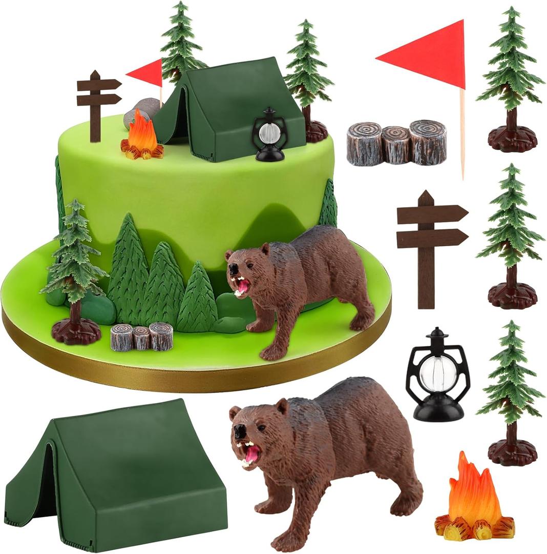 Hooqict Camping Cake Decorations with Mini Tent, Campfire, Tree, Camp Sign, Animal Camping Cake Toppers & Cupcake Toppers for Forest Camp Themed Birthday Party Decorations Supplies