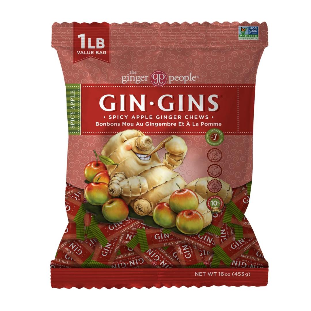 GIN GINS Spicy Apple Ginger Chews Natural Fresh Ginger Candy by The Ginger People Individually Wrapped Healthy Candy Spicy Apple Ginger Flavor Large 1 lb Bag (16oz) Pack of 1 (EXP 02/20/26)