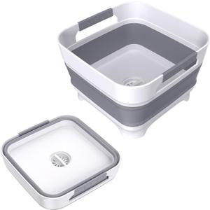 Collapsible Dish Basin with Drain Plug, 9L(2.4Gal) Capacity, Space Saving Portable Sink for Baby bottle, Kitchen, Camping& RV, Gray