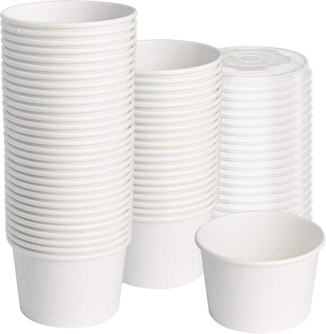 ESSENTIAL Paper Ice Cream Cups with Lids, 50pcs 8oz Disposable Dessert Bowls with Lids for Hot or Cold Food, Paper Snack Containers for Sundae, Frozen Yogurt, Soup (White)