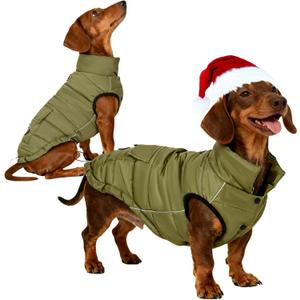 Dog Winter Puffer Jacket Waterproof, Reflective Furry Fleece Lined Dog Coats for Small Medium Dogs, Warm Snow Coat, Insulated Cold Weather Dogs Vest Jackets with Leash Hole, Olive, L (L(10-15lb, Chest:16.9"-19.3",Back:14.1"))