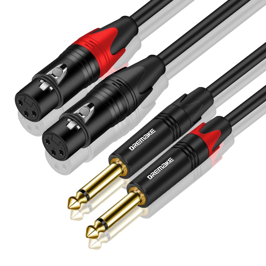 DREMAKE Dual 3-Pin XLR to Dual Male 6.35mm 1/4' TS Mono Microphone Audio Patch Cable - 1.6FT, 2 x XLR Female to 2 x 6.35mm TS Quarter Inch Male Mic Adapter Cord for Mixer