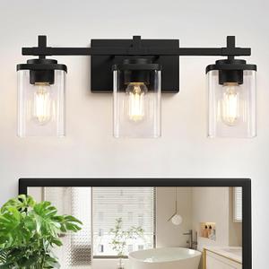 3-Lights Bathroom Vanity Light Fixtures, Modern Black Vanity Lights Over Mirror with Clear Glass Shade for Bathroom, Wall Mounted Lamp for Bedroom Hallway Living Room