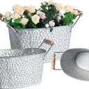 Galvanized Metal Oval Planter Buckets with Handles  Set of 3 Rustic Farmhouse Flower Tubs with Drain Holes & Plugs, Vintage Small Pots for Herbs, Succulents, Wedding or Tabletop Decor (Stone style)
