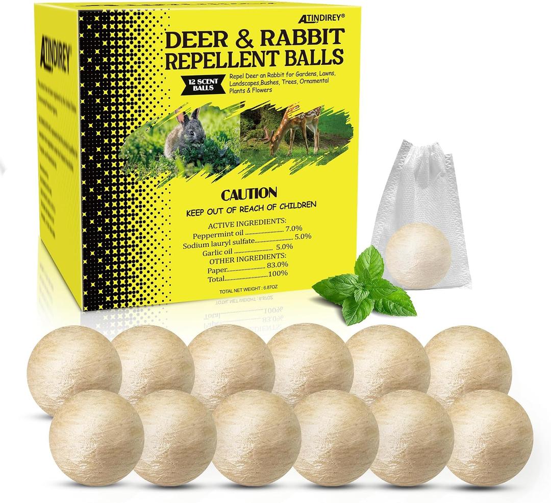 Deer & Rabbit Repellent Balls- Outdoor Animal Deterrent for Garden, Yard, Trees & Plants | Natural, Long-Lasting | Safe for Pets, Kids, Flowers & Vegetables (12PCS)