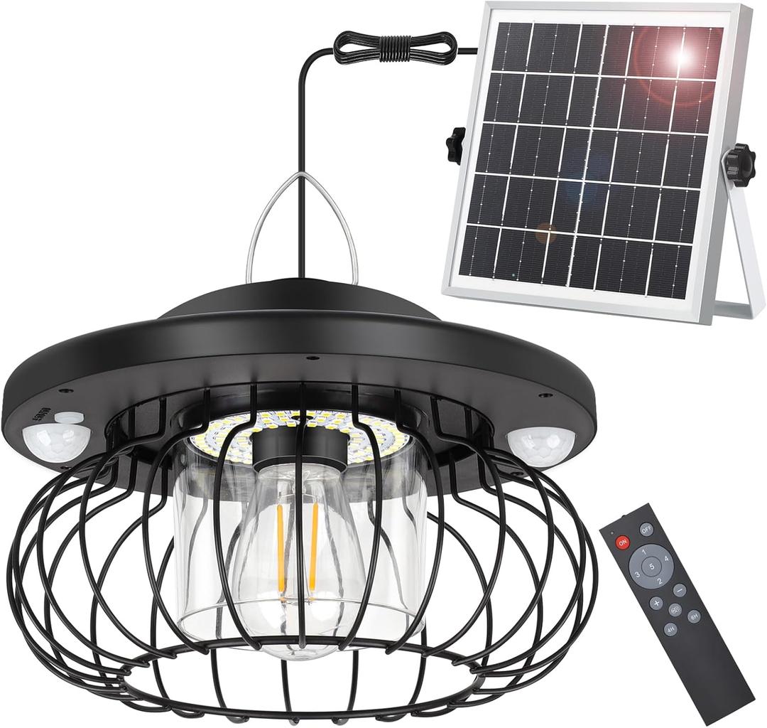 Ropelux Solar Shed Light Outdoor Indoor, Bright 2000LM 5 Modes, Lamp with 3 Color Temps Dual Motion Sensor Remote, Hanging Pendant Lights for Gazebo Barn Garage Shop, 1 Pack