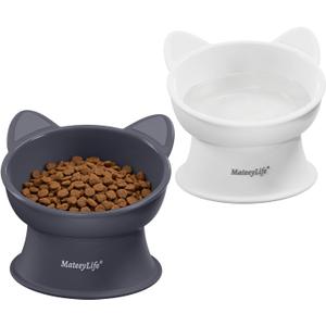 MateeyLife Elevated Cat Bowls, 2P Raised Food and Water Bowl Set for Indoor Cats & Small Dogs, Whisker Fatigue Cat Bowl, Anti Vomit Feeding Pet Bowls, 6 oz Each, Dishwasher Safe - White & Grey