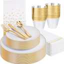 Festiva 176Pcs White and Gold Plastic Plates - White with Gold Rim Fall Dinnerware Set - 25Guest include Plates Cups Cutlery Napkins for Birthday Party&Wedding& Easter