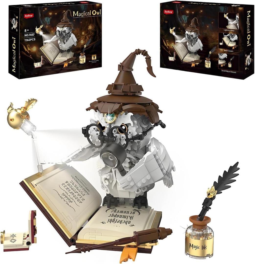 Sosuy Ideas Magic World Building Blocks Set, 1162+PCS Creative Owl Bird Animal Model Building Bricks Set with Light Effect, Collectible Toys Gifts for Kids Boys Girls Fans Aged 8+