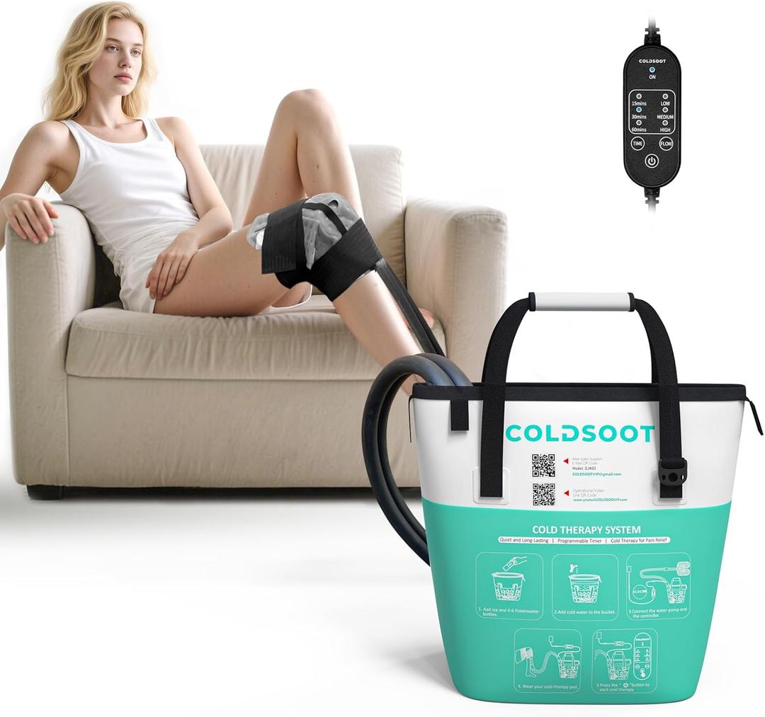 Cold Therapy Machine w/Timer, Compact and Portable Ice Machine for Knee After Surgery, Knee Replacement Recovery System, Cryotherapy Pain Relief w/Compression Pad for Shoulder, Hip and Ankle