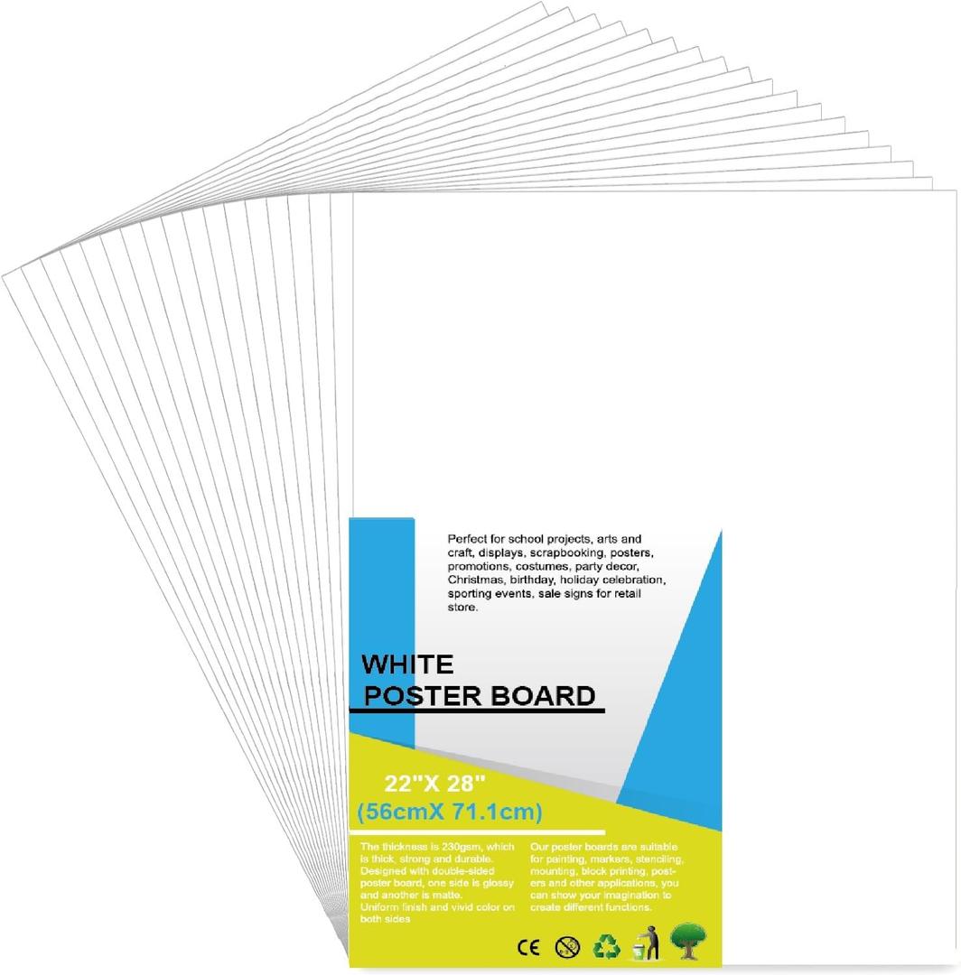 60 Pcs 22" x 28" Poster Board Paper White Bulk, ROOKEA 250 GSM Vision Poster Boards for School Arts Craft Projects Presentations Drawing Scrapbooking Blank Graphic Display