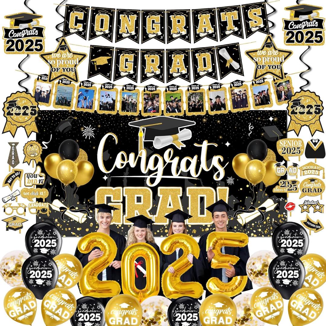 Graduation decorations class of 2025,graduation backdrop sign,photo booth props,Congrats grad banner,Hanging Swirls,Gold balloons of number 2025 for men women graduation party decorationsGold