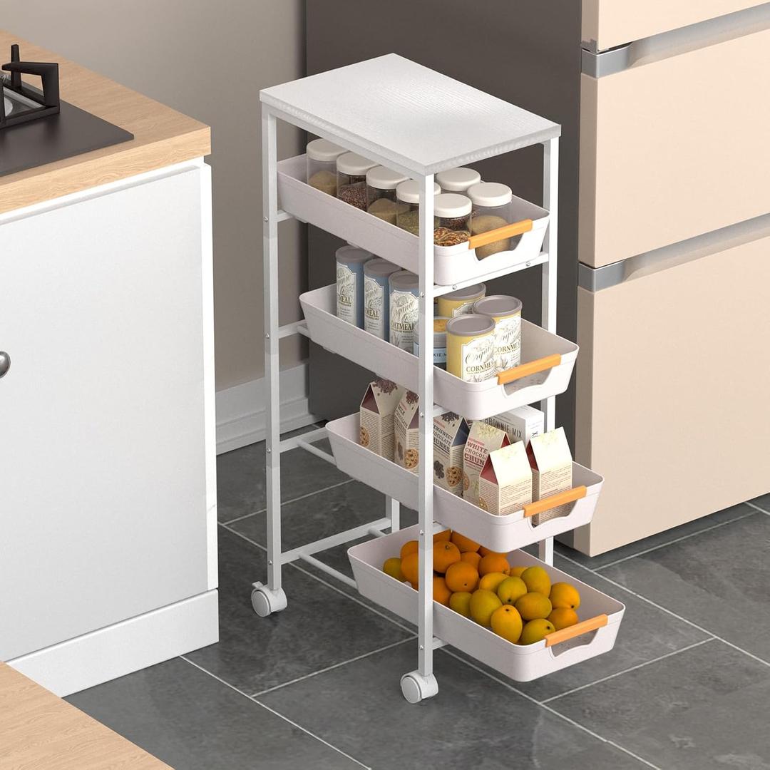 5 Tier Slim Rolling Utility Cart with Drawers Pull-Out Design Slim Storage Cart with Metal Frame and Wooden Top for Narrow Space in Home Kitchen Bathroom White (Width 9.5 Inches)