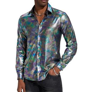 Pixiemain Men's 70s 60s Disco Shirt Metallic Party Costume Long Sleeve Button Down Shirts-A, XL