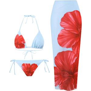 WDIRARA Women's Bikini Sets Floral Print Triangle Halter Tie Back Swimsuit with Cover Up Skirt (Blue, XS)
