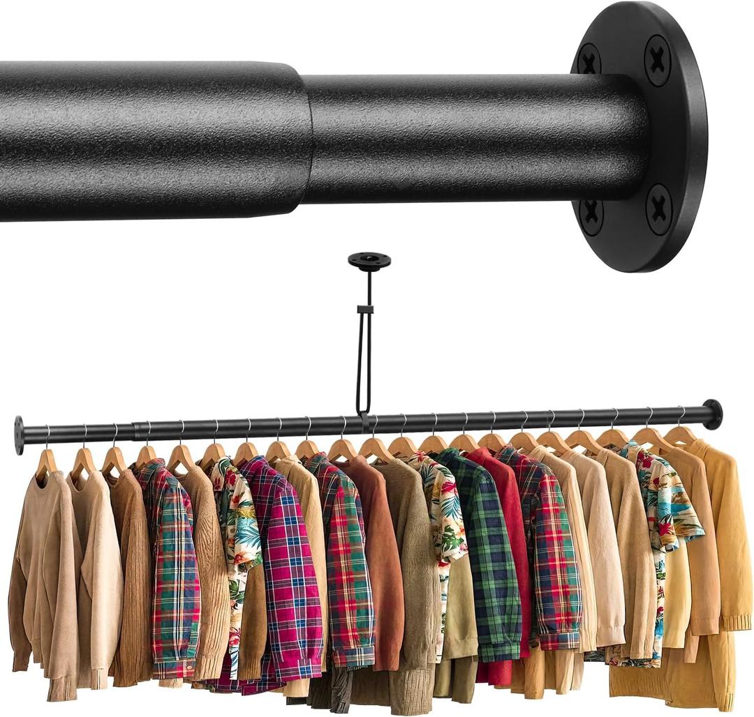BaiNong Adjustable Closet Rods for Hanging Clothes 17 to 134 inch Black Heavy Duty clothes rod for closet, Laundry, Bathroom, RV Closet Organization and Storage(Extra long)