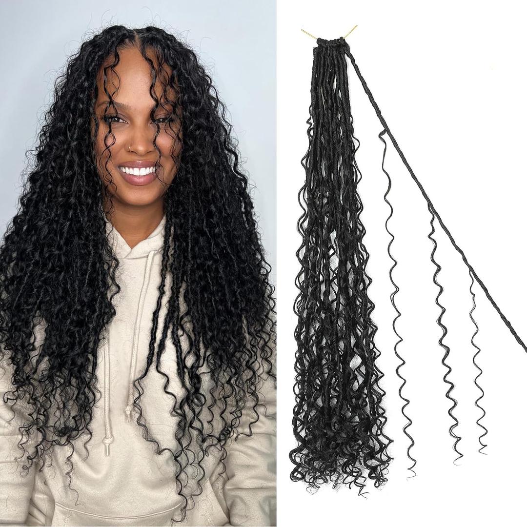 Boho Faux Locs Crochet Hair 24 Inch 8 Packs Goddess Locs Crochet Hair with Curly Ends Natual Black 1B# Pre-looped Bohemian River Locs Hair for Women