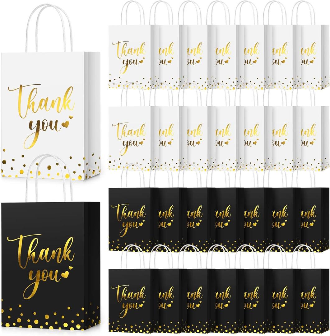 PerKoop 60 Pcs Thank You Gift Bags Bulk Paper Gold Thank You Wedding Bags with Handle for Business, Shopping, Wedding, Baby Shower, Party Favors (Black and White) (Classic)