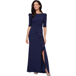 Alex Evenings Women's Stretch Crepe Dress with Puff Shoulder Elbow Sleeves, Tucked Waist Detail and Cascade Ruffle (Blue, 10)